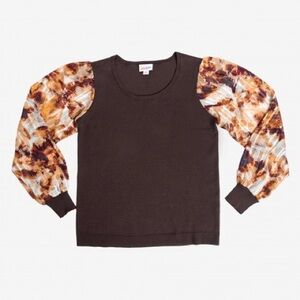 LuLaRoe Penny - Brown Blouse with Multicolor Sleeves